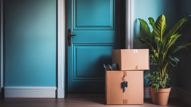 Relocation scene with a key inserted in the new home's door and a cardboard box of personal items visible inside the apartment or condo