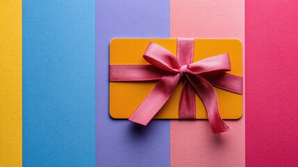 Gift Card Mockup Displayed on a Vibrant, Colorful Background With a Pink Ribbon Tied Around It, Perfect for Various Occasions