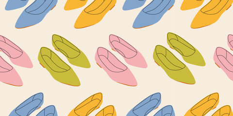 Seamless pattern with different types of modern trendy women footwear. Endless texture with fashionable and stylish shoes for printing. Colored flat vector illustration.