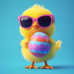 Fototapeta premium Cute yellow chick in sunglasses celebrating Easter with confident pose transparent background PNG great for digital designs spring party invites and fun holiday easter chick with egg and sunglasses