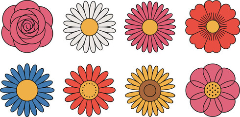 A collection of stylish and colorful floral illustrations with outlined petals on white background