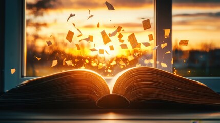 An open book rests on a pages illuminated by the warm glowing light of a vibrant sunset  This serene and peaceful scene suggests a moment of contemplation learning and self discovery