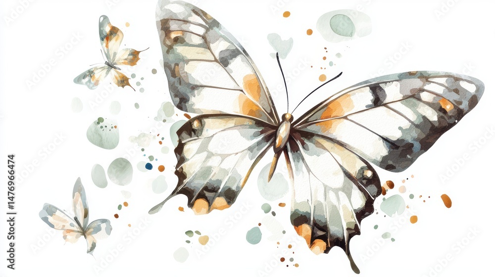 Poster a stunning colorful butterfly with delicate patterned wings in a serene whimsical natural setting wi