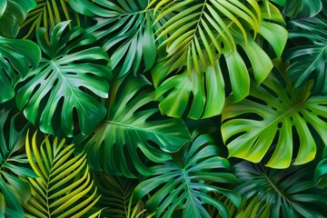 Close up of overlapping tropical leaves forming a vibrant green backdrop
