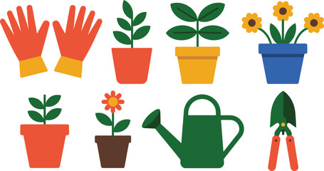 Charming colorful garden tools and potted plants collection for creative springtime designs
