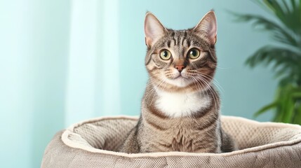 Adorable tabby cat sitting in cozy bed with calm expression and clean background of green and soft blue