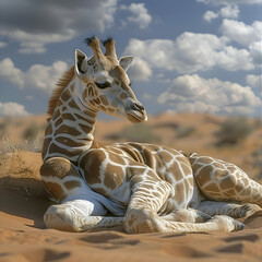 Obraz premium Baby Giraffe Resting in Desert Sand Under a Cloudy Sky