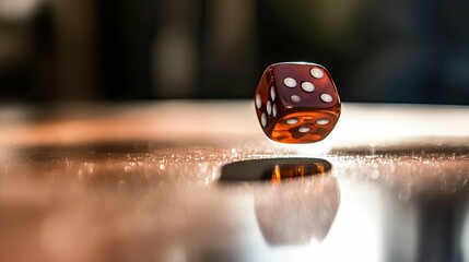 Amber die floats, reflecting light, chance.