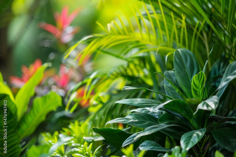 Poster sunlight filters through the dense canopy, illuminating a vibrant array of tropical plants in a lush