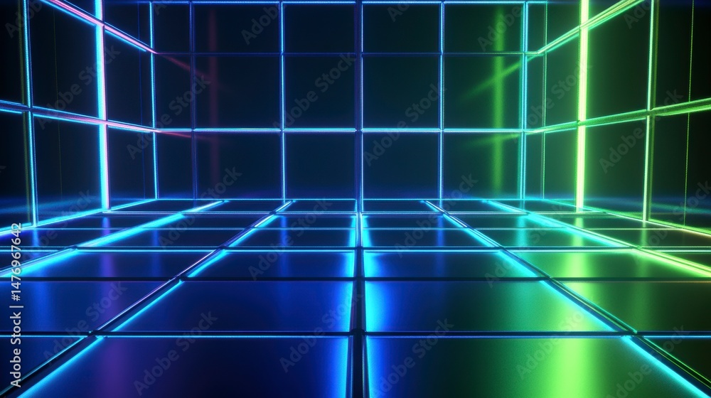 Aufkleber abstract neon grid room with glowing lines and reflective floor.