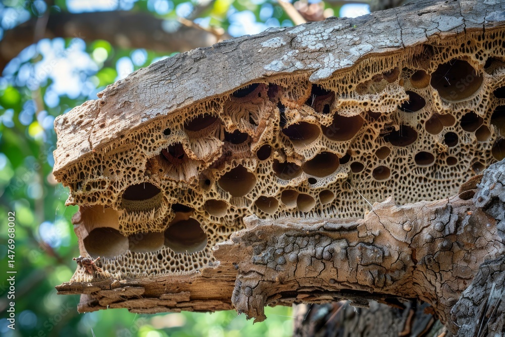 Poster galleries created by carpenter ants showing intricate patterns inside a decaying wood log, highlight