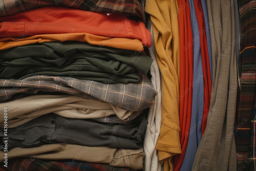 Poster folded shirts and pants creating a visually appealing arrangement of colors and textures