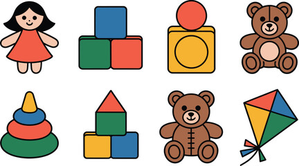 Colorful illustrated collection of baby toys including teddy bears, blocks, doll, and kite