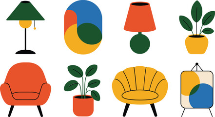 Colorful minimalist illustration of modern home interior elements and decorative plants