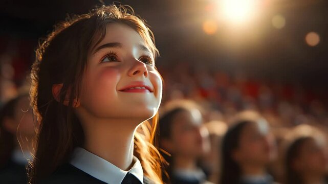 Young girl with brown hair looks up in awe at a performance in a theater She's wearing a dark collared shirt