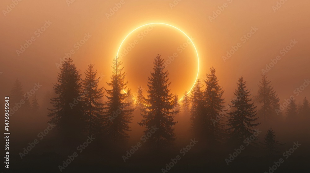 Poster moody and atmospheric landscape featuring a halo of warm golden light behind the silhouetted pine tr