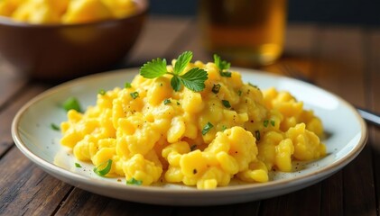 Fluffy scrambled eggs on a plate, ready to eat , food, delicious