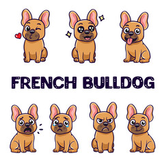 set dog french bulldog. collection of cartoon dog stickers on isolated white background with different emotions joy, happiness, sadness, crying, anger