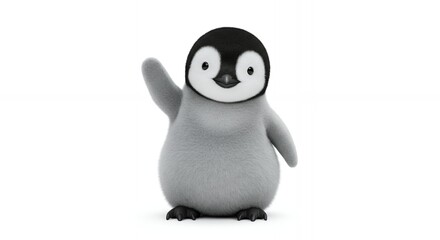 Obraz premium Cute Penguin Chick Waving Hand on White Background Adorable Black and White Animal in Studio Rendering with Soft Feathers