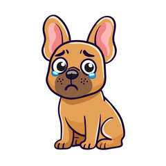 dog french bulldog is upset and crying, tears are coming out of his eyes on white isolated background. Hand drawn vector illustration cute cartoon sticker