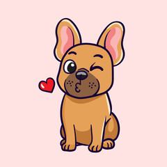 dog french bulldog sends kiss and hearts for valentines day on pink isolated background. Hand drawn vector illustration cute cartoon sticker