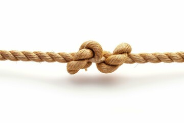 Studio shot of natural jute rope with knots connecting two sections together, isolated on white background