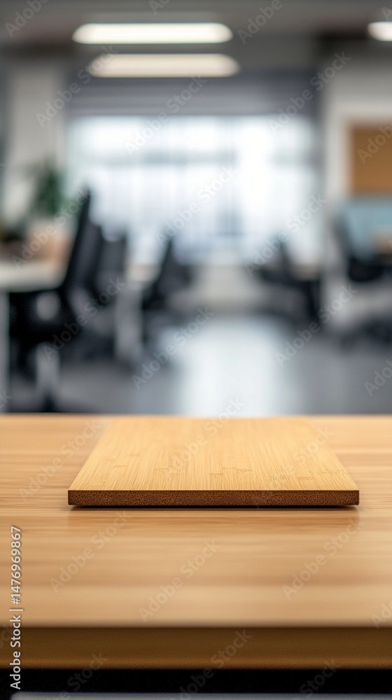 Poster a minimalist office setup featuring a wooden surface, emphasizing modern workspace design and produc