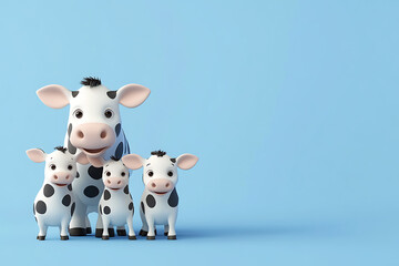 Naklejka premium Playful cartoon cows and calves posing together against a soft blue background, ideal for children's content