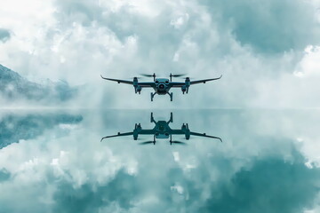 Fototapeta premium Drone glides gracefully over a tranquil lake reflecting a captivating sky filled with clouds during a serene afternoon