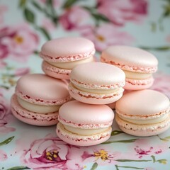 Obraz premium Soft Pink Macarons Piled on Floral Surface