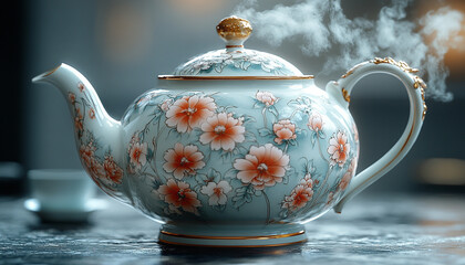 Close-up of a 3D-rendered ceramic teapot with intricate floral patterns, steam rising from the spout, delicate porcelain texture detailed under soft lighting, hyperrealism, microphotography