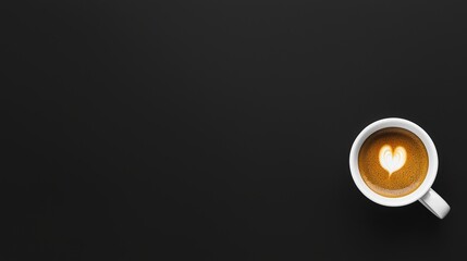 Delicious coffee cup with heart shape foam on black background for cozy atmosphere and relaxing moments