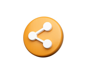 3D Orange circular icon with a white share symbol, representing content sharing. 3D Illustration.