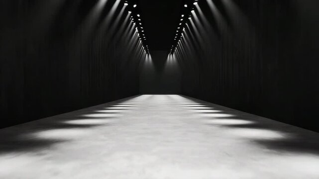 Dramatic Runway Stage Lighting Design Concrete Floor Dark Walls Spotlight