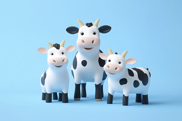 Obraz premium Playful cartoon cows standing together against a soft blue background, showcasing a cheerful farm theme