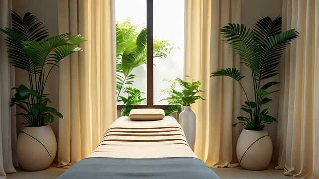 Serene spa room with a massage table, calming natural light, potted plants, and soft curtains offering a peaceful and relaxing environment.

