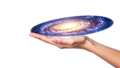 Galaxy in hand cosmic energy universe space stars nebula isolated on solid white background