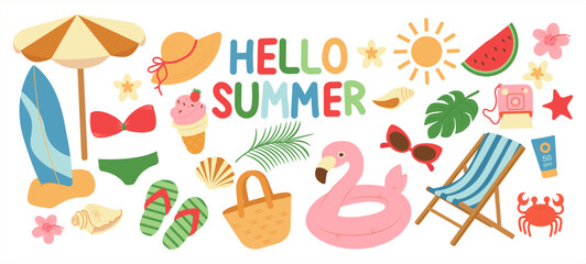 Big vector summer set. Hello summer. Ice cream, swimsuit, inflatable circle, sun cream, flowers, shells. Collection of summer elements for scrapbooking. Hand drawn style. Summer poster