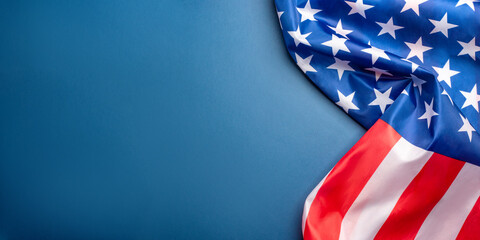 Blue background with American flag. Independence day. Website banner and greeting card design...