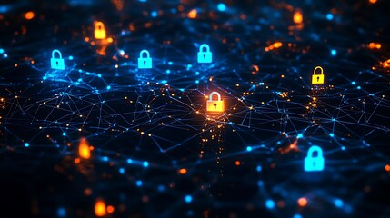 Glowing blue padlocks connect through digital network highlighted with orange lock nodes for data protection