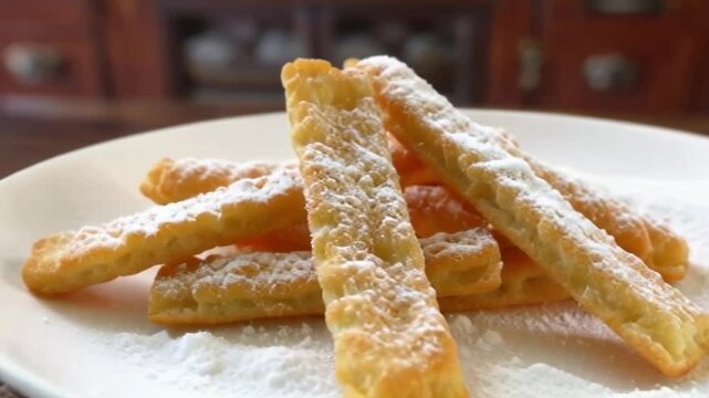 A plate of fried dough covered in powdered sugar. The dough is cut into strips and arranged on a white plate