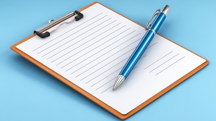 Naklejka premium Clean Medical Clipboard with Empty Paper and Blue Pen on Light Blue Background