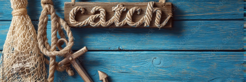 Poster decorative rope and anchor with catch of the day sign on a rustic wooden background for coastal them