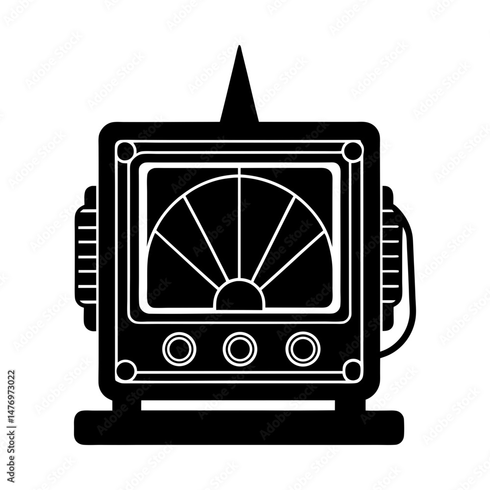 Poster illustration of a vintage style machine with a screen and buttons in black and white color scheme