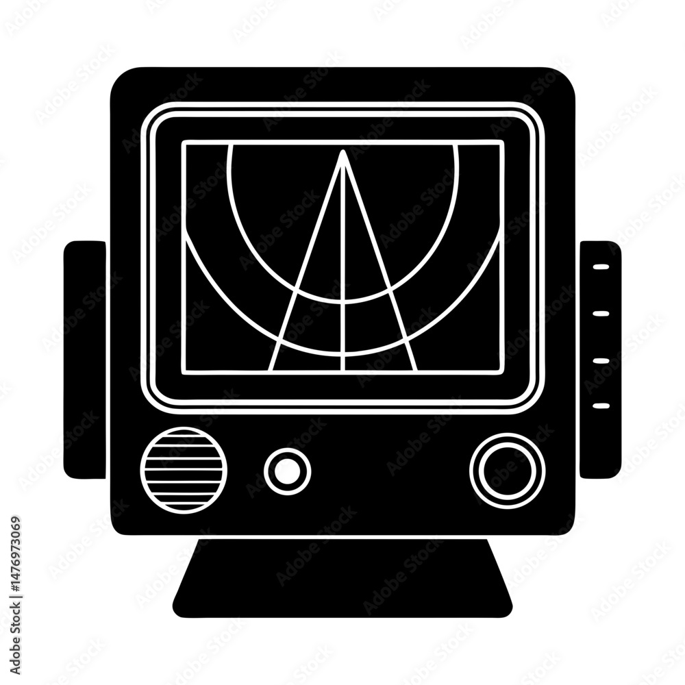 Poster a black radar screen with white lines showing a triangular shape and curved lines is displayed here