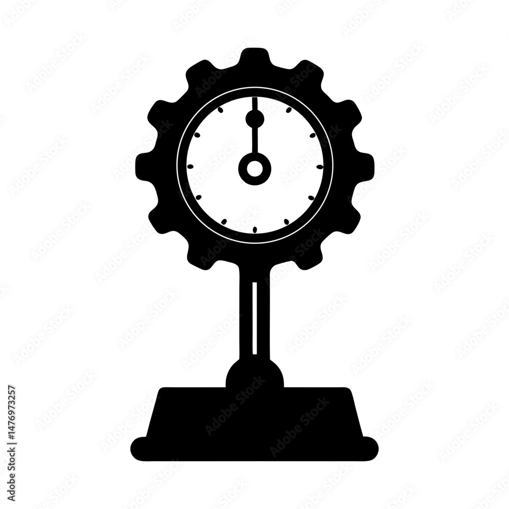 Poster a black and white illustration of a clock with a gear shaped border on a stand with a rectangular ba