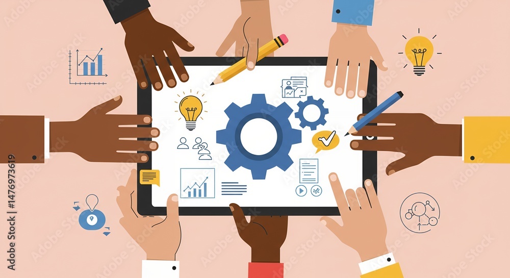 Poster diverse hands collaborating around digital tablet displaying blue gear and charts on beige backgroun