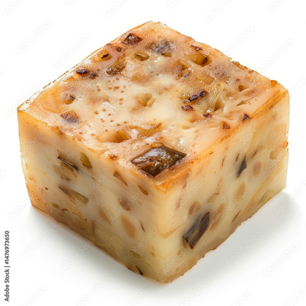 Poster close up view of a cube of taro cake highlighting the taro pieces embedded within and the slightly b