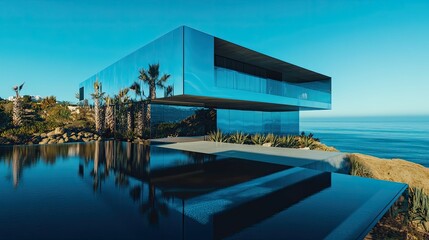 Naklejka premium Modern glass house oceanfront infinity pool luxury