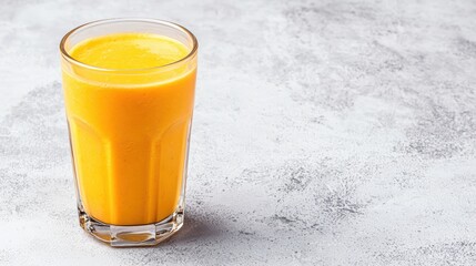 Refreshing bright yellow fruit smoothie in clear glass on light gray background